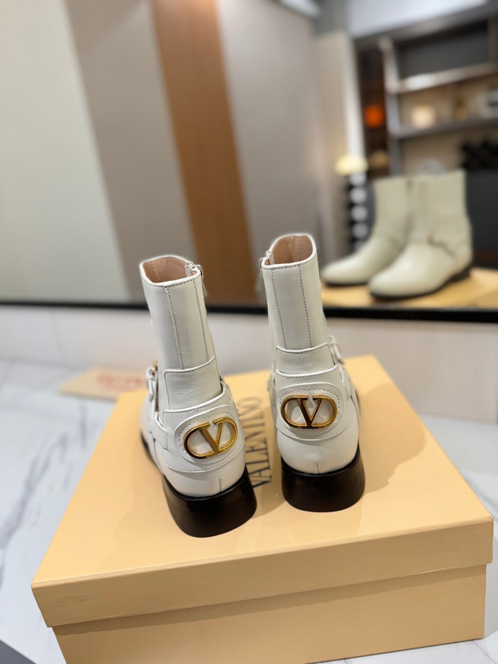 VALENTINO 25S PATTIE ANKLE BOOTS IN WHITE CALFSKIN WITH GOLD HARDWARE