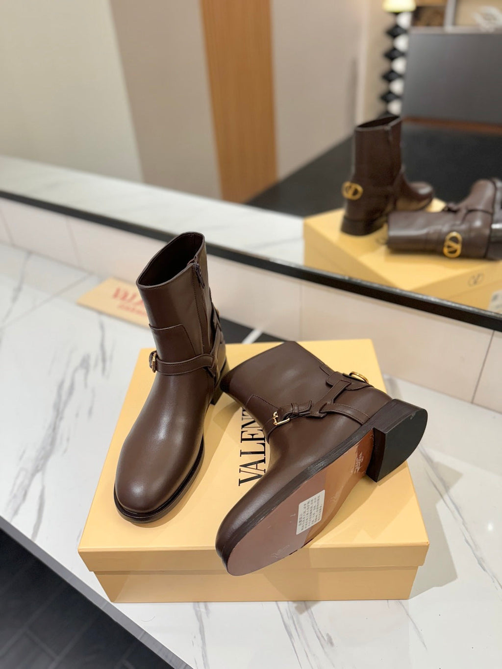 VALENTINO 25S PATTIE ANKLE BOOTS IN DARK BROWN CALFSKIN WITH GOLD HARDWARE