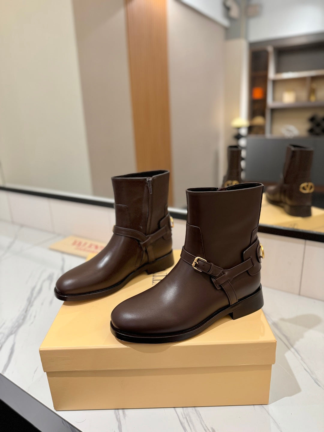 VALENTINO 25S PATTIE ANKLE BOOTS IN DARK BROWN CALFSKIN WITH GOLD HARDWARE