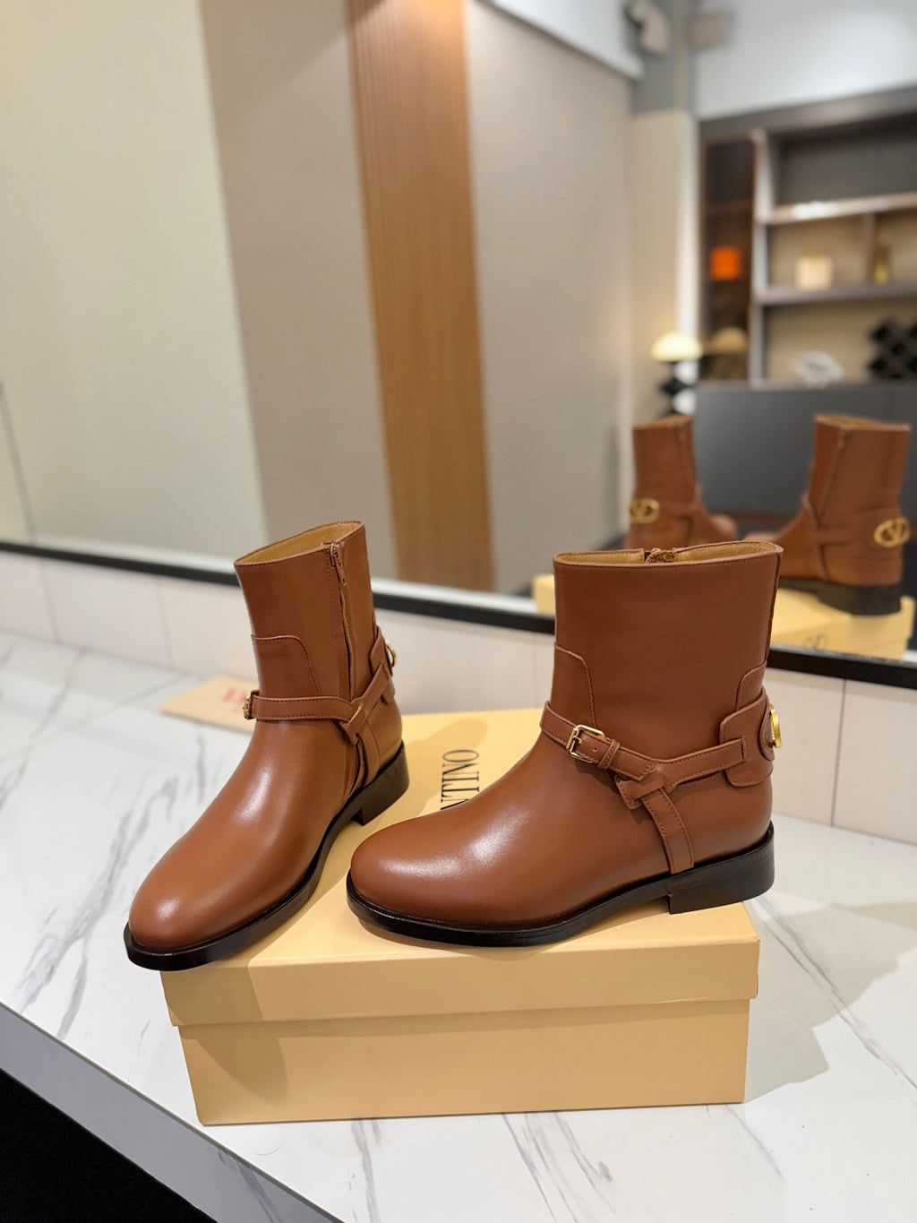 VALENTINO 25S PATTIE ANKLE BOOTS IN BROWN CALFSKIN WITH GOLD HARDWARE