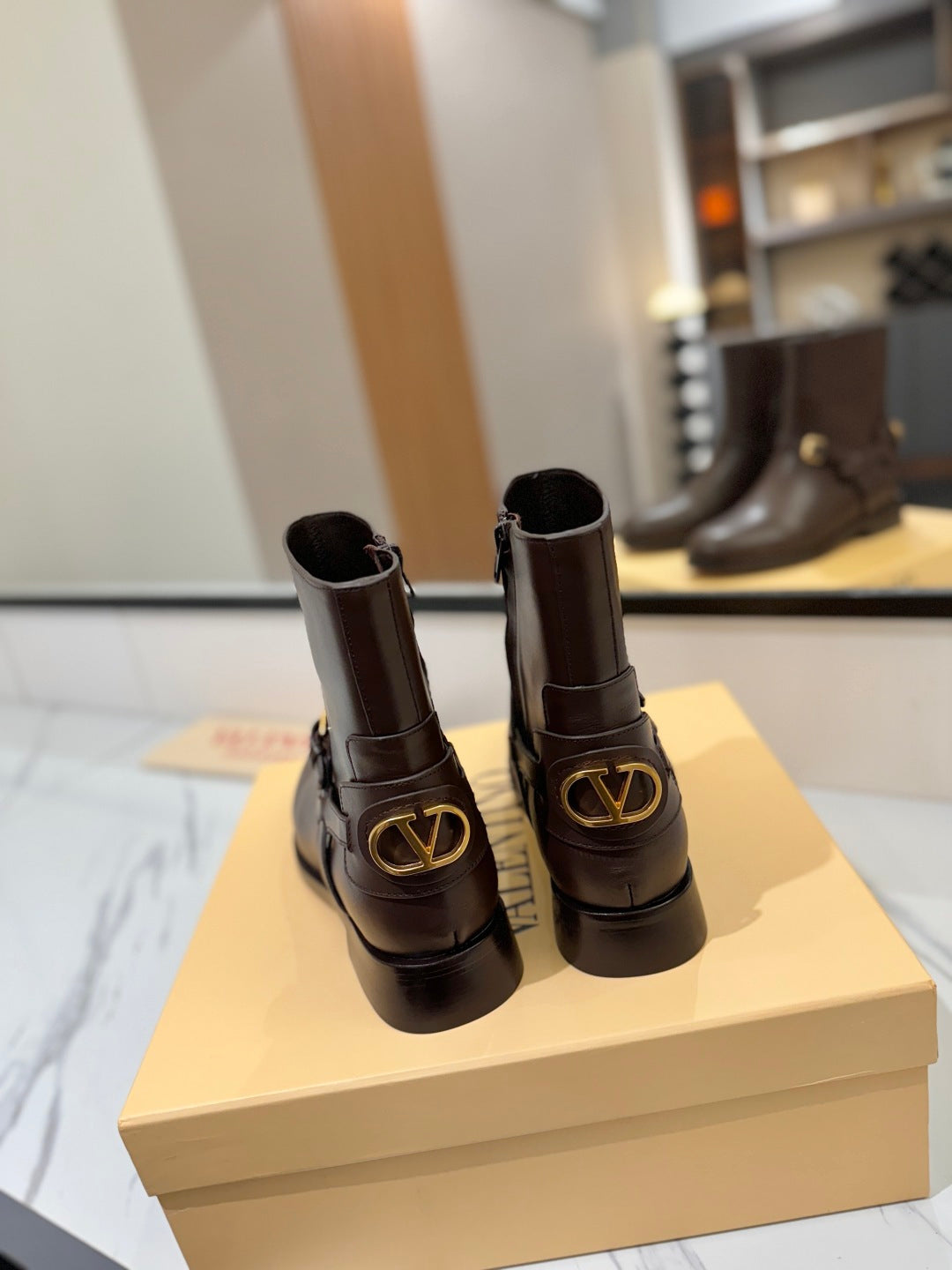 VALENTINO 25S PATTIE ANKLE BOOTS IN DARK BROWN CALFSKIN WITH GOLD HARDWARE