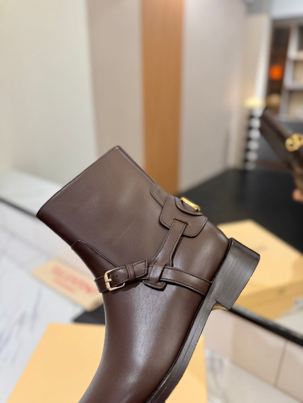 VALENTINO 25S PATTIE ANKLE BOOTS IN DARK BROWN CALFSKIN WITH GOLD HARDWARE