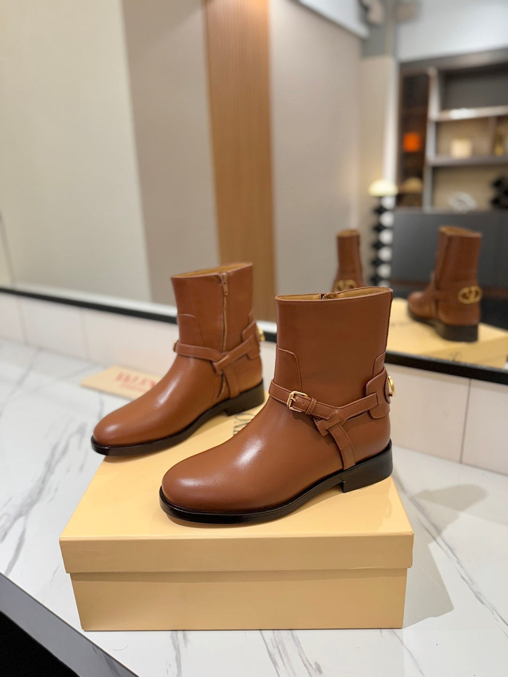 VALENTINO 25S PATTIE ANKLE BOOTS IN BROWN CALFSKIN WITH GOLD HARDWARE