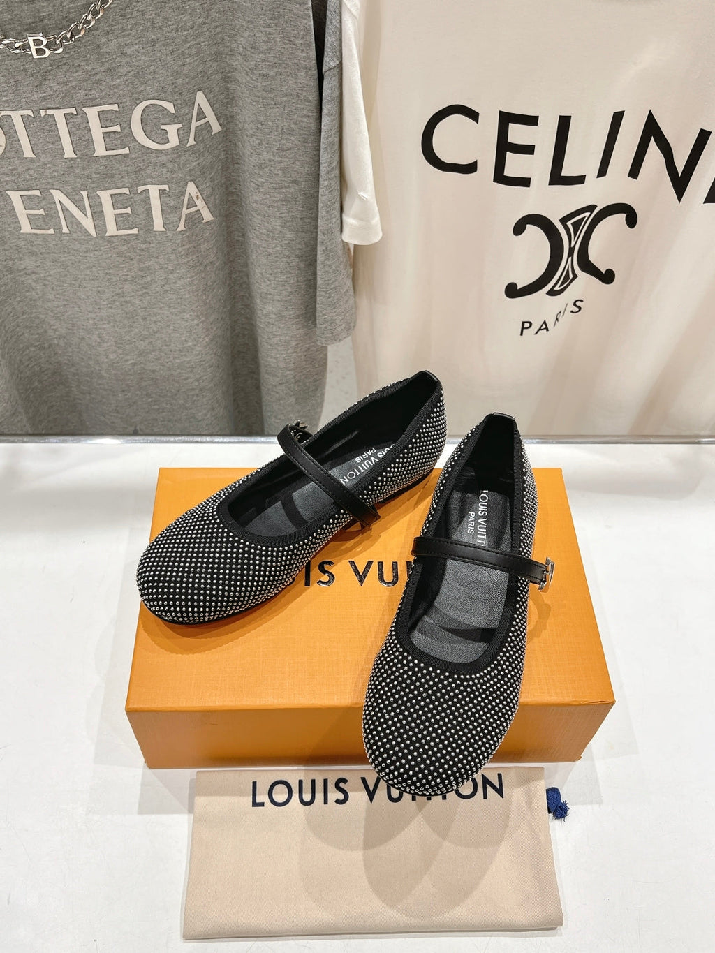 ROMY FLAT BALLERINA IN BLACK LAMBSKIN EMBELLISHED SILVER-TONED STUDS