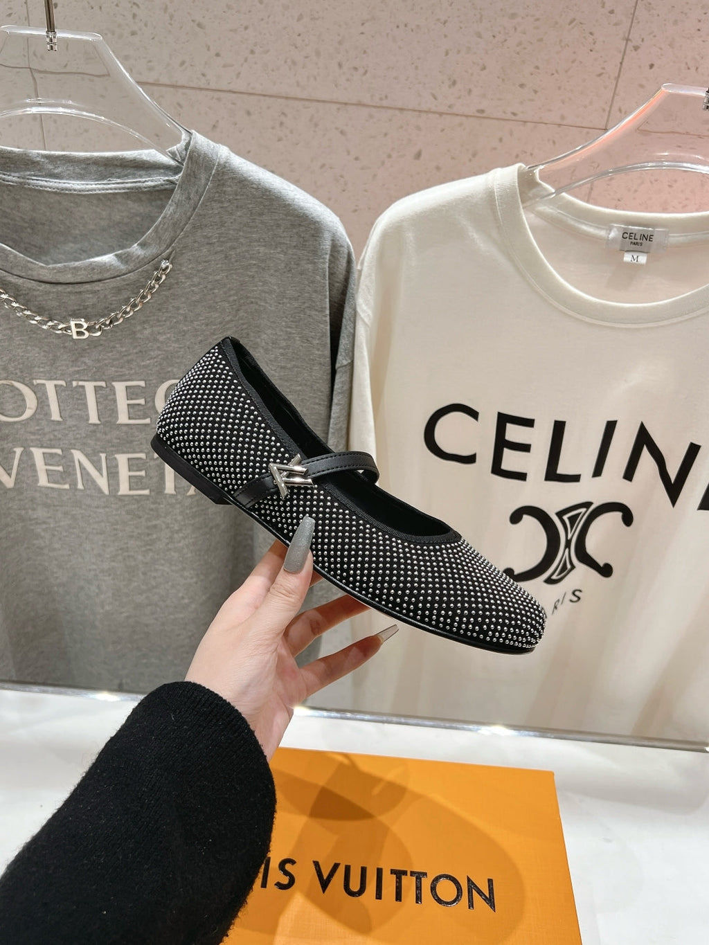 ROMY FLAT BALLERINA IN BLACK LAMBSKIN EMBELLISHED SILVER-TONED STUDS