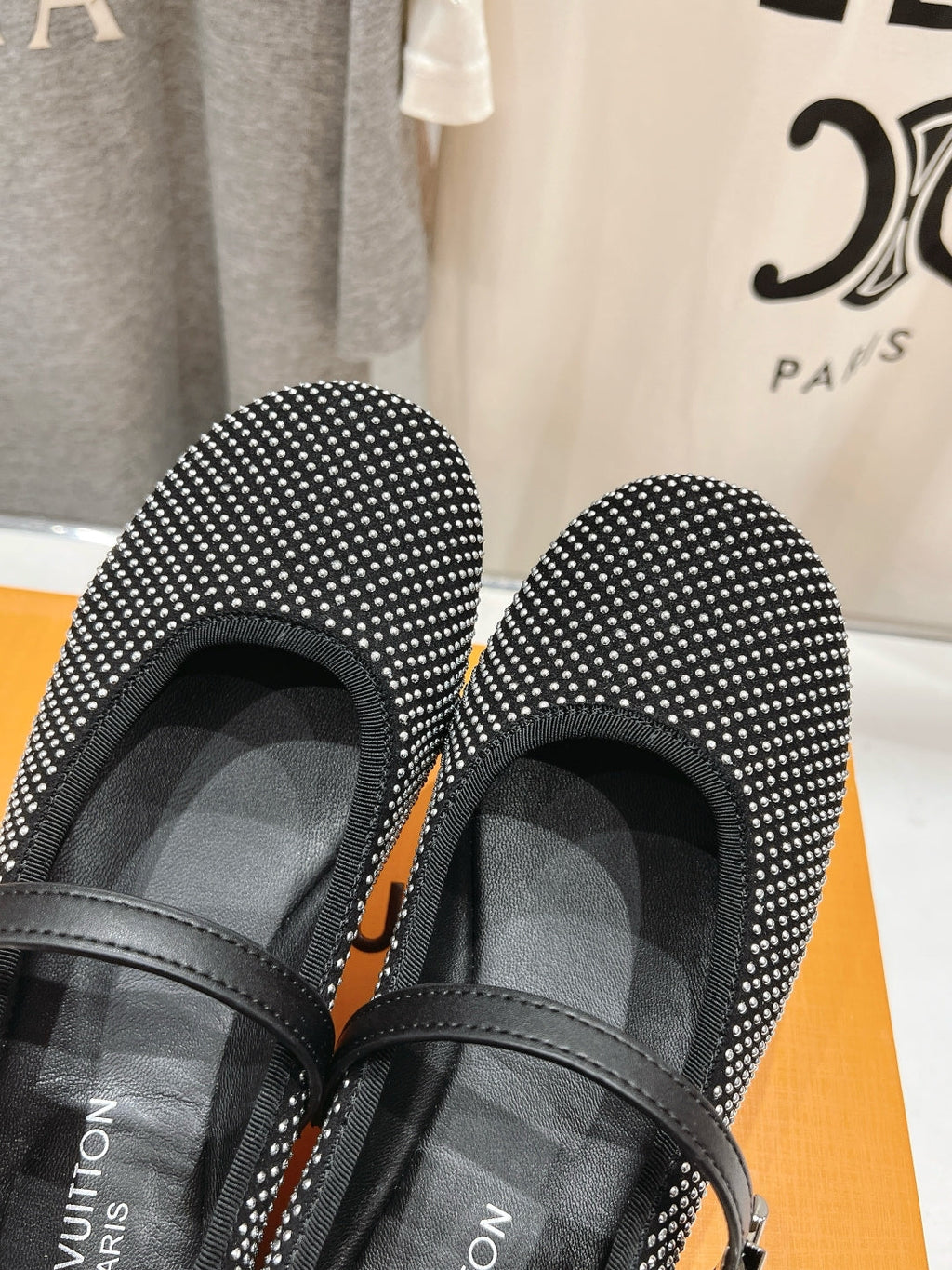 ROMY FLAT BALLERINA IN BLACK LAMBSKIN EMBELLISHED SILVER-TONED STUDS