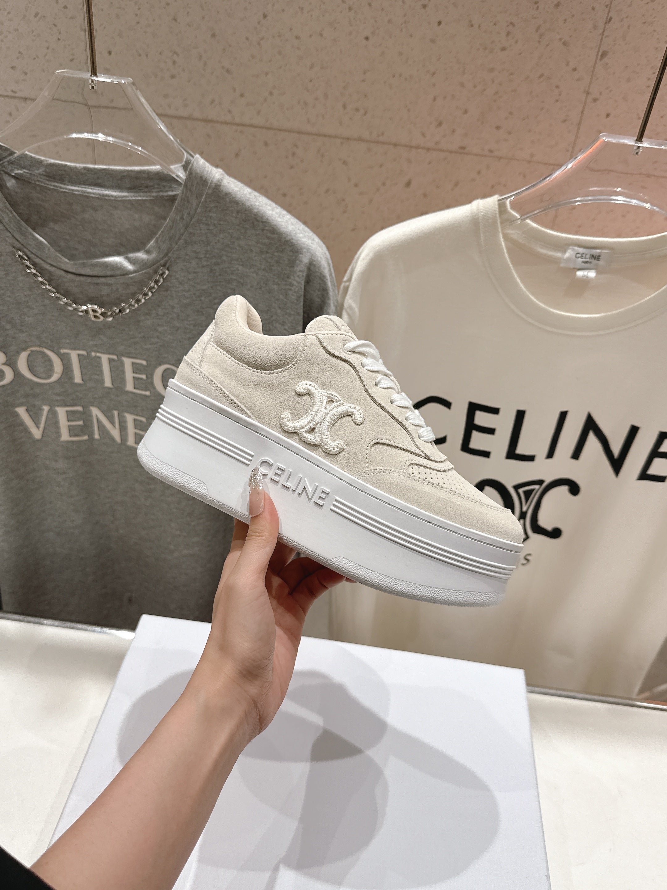 BLOCK SNEAKERS WITH EMBROIDERED TRIOMPHE IN PARCHMENT BEIGE SUEDE