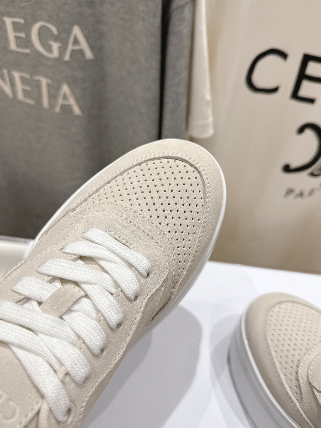 BLOCK SNEAKERS WITH EMBROIDERED TRIOMPHE IN PARCHMENT BEIGE SUEDE