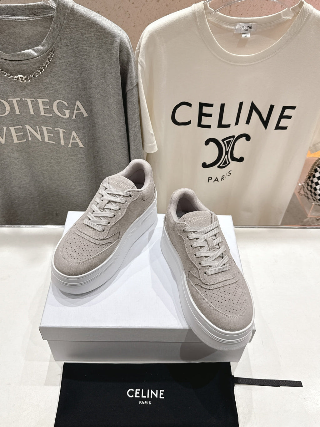 BLOCK SNEAKERS WITH EMBROIDERED TRIOMPHE IN MALIBU BEIGE SUEDE