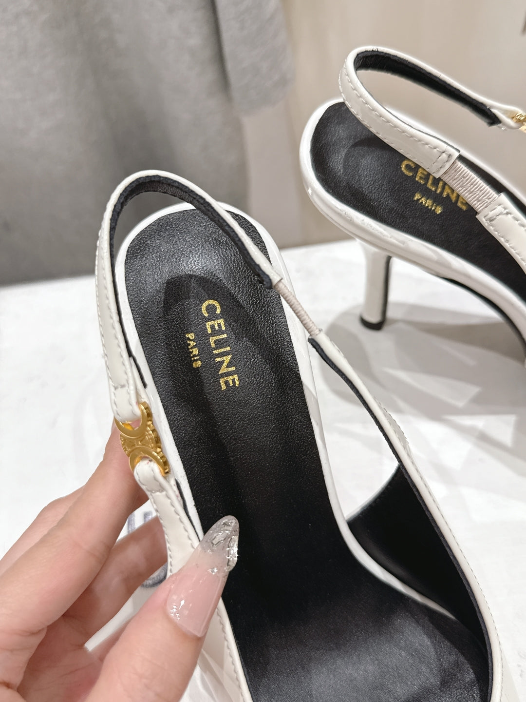 JUDY TRIOMPHE STILETTO SLINGBACK 75MM IN WHITE PATENT CALFSKIN