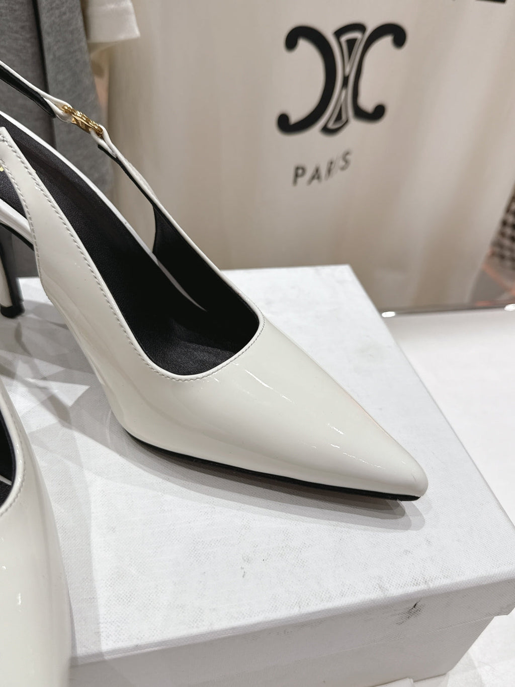 JUDY TRIOMPHE STILETTO SLINGBACK 75MM IN WHITE PATENT CALFSKIN
