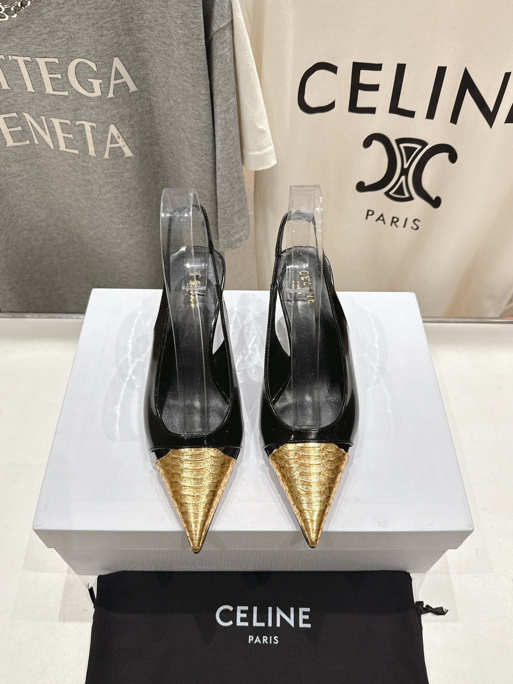 JUDY CAP TOE SLINGBACK 65MM IN BLACK SHINY CALFSKIN AND GOLD SNAKE EMBOSSED LEATHER