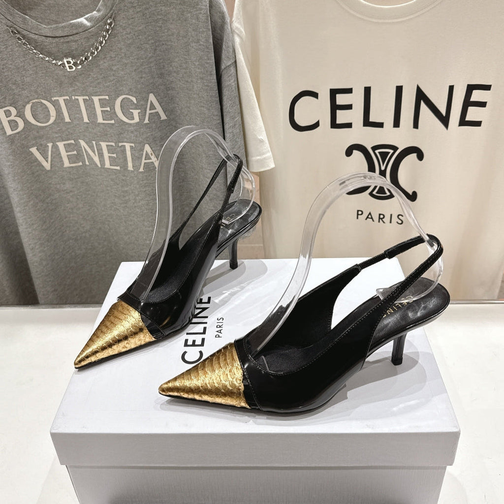 JUDY CAP TOE SLINGBACK 65MM IN BLACK SHINY CALFSKIN AND GOLD SNAKE EMBOSSED LEATHER