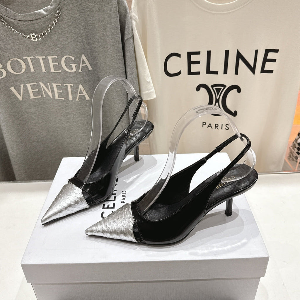 JUDY CAP TOE SLINGBACK 65MM IN BLACK SHINY CALFSKIN AND SILVER SNAKE EMBOSSED LEATHER