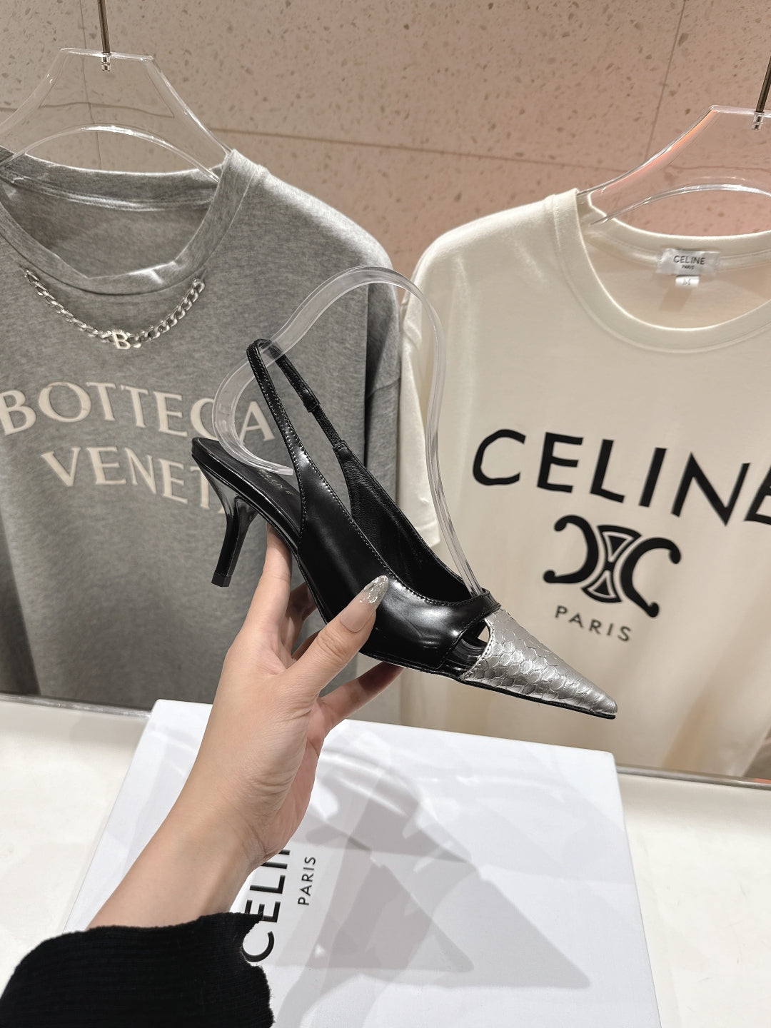 JUDY CAP TOE SLINGBACK 65MM IN BLACK SHINY CALFSKIN AND SILVER SNAKE EMBOSSED LEATHER