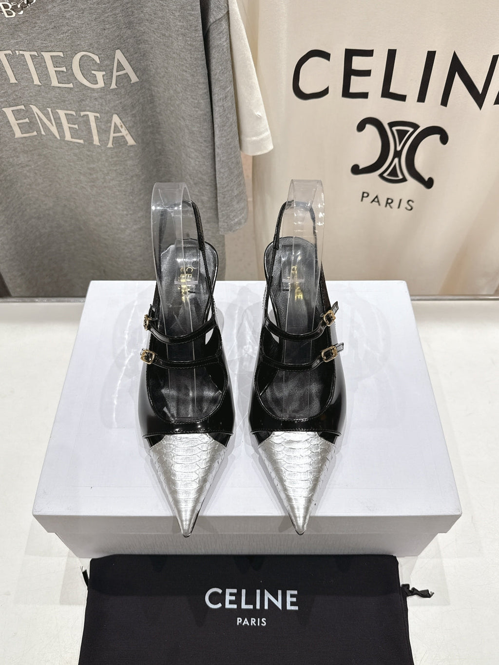 JUDY DOUBLE STRAP MARY JANE SLINGBACK 65MM IN BLACK SHINY CALFSKIN AND SILVER SNAKE EMBOSSED LEATHER