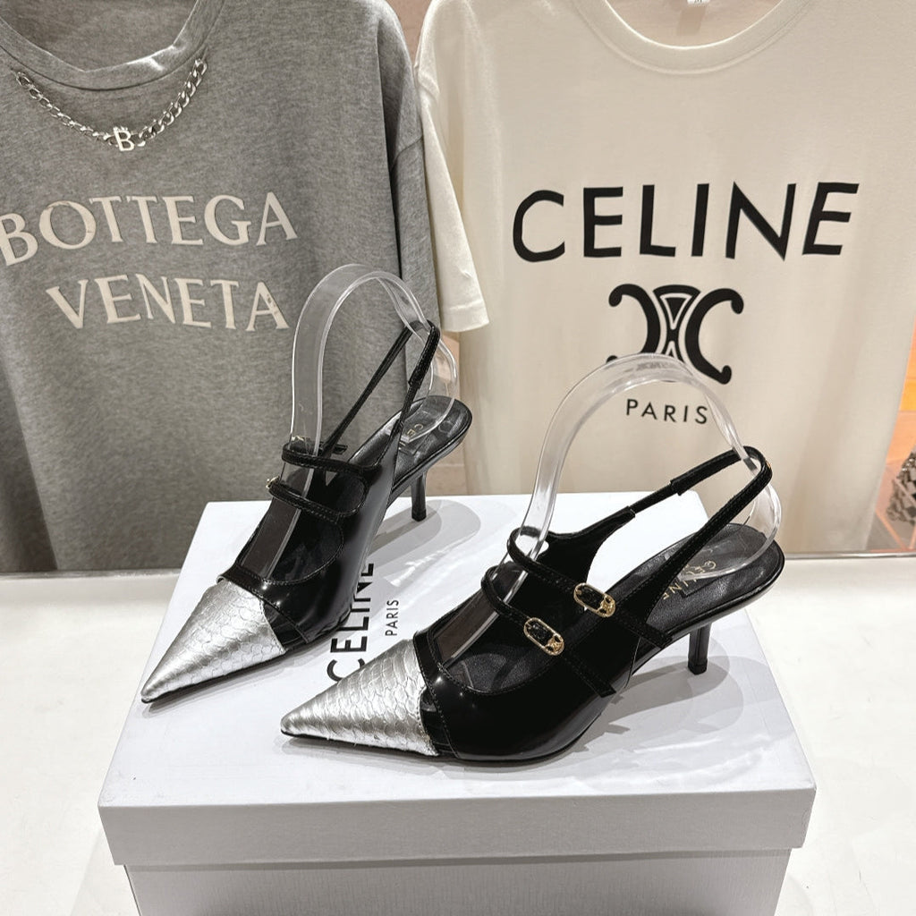 JUDY DOUBLE STRAP MARY JANE SLINGBACK 65MM IN BLACK SHINY CALFSKIN AND SILVER SNAKE EMBOSSED LEATHER