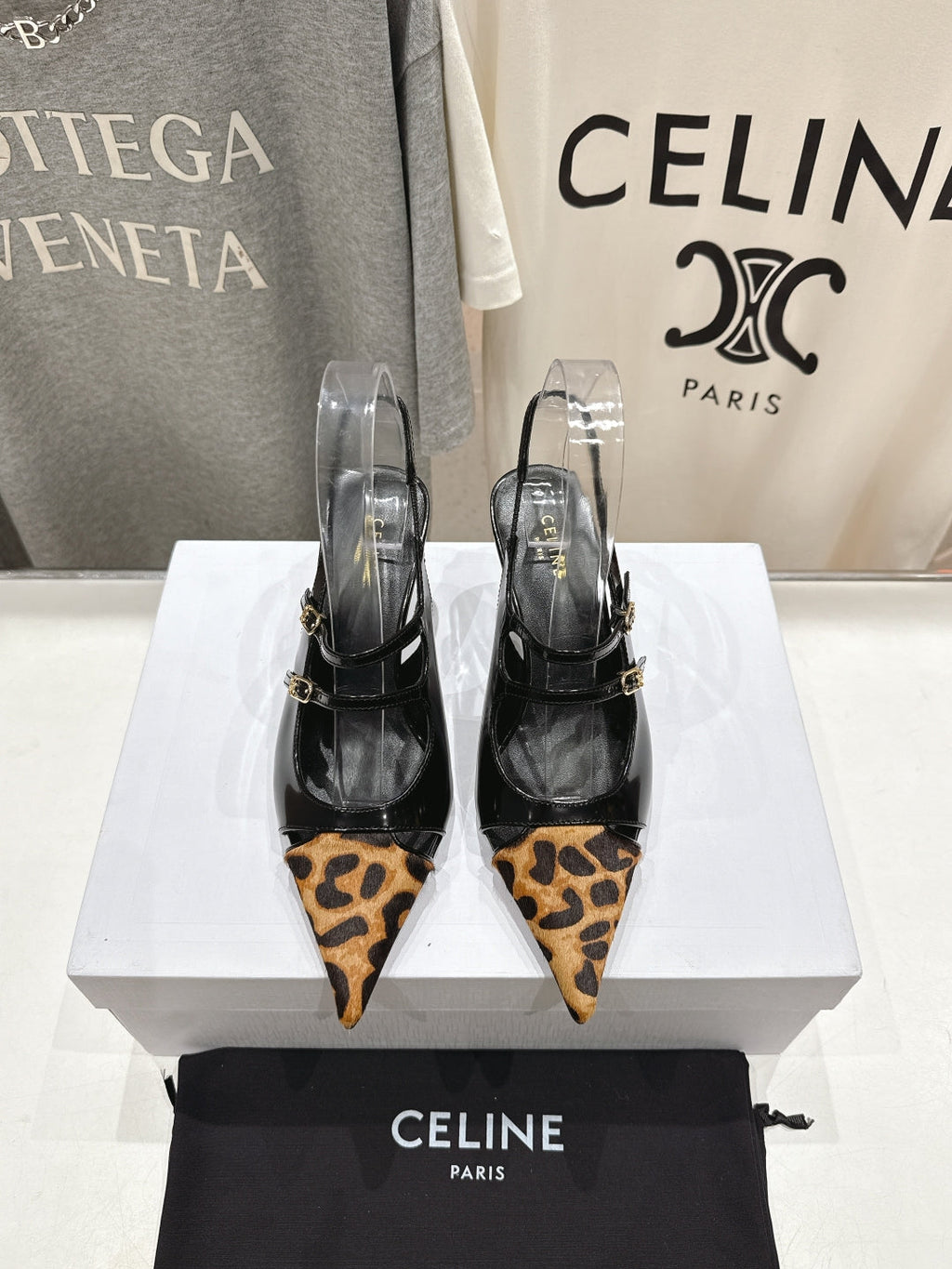 JUDY DOUBLE STRAP MARY JANE SLINGBACK 65MM IN BLACK PATENT CALFSKIN AND LEOPARD PRINTED HAIRY CALFSKIN