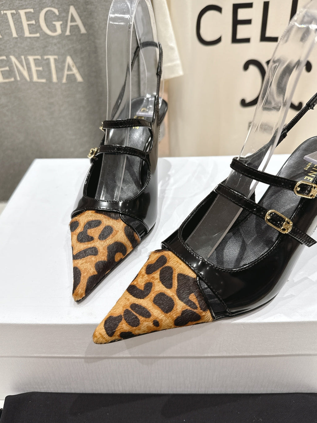 JUDY DOUBLE STRAP MARY JANE SLINGBACK 65MM IN BLACK PATENT CALFSKIN AND LEOPARD PRINTED HAIRY CALFSKIN