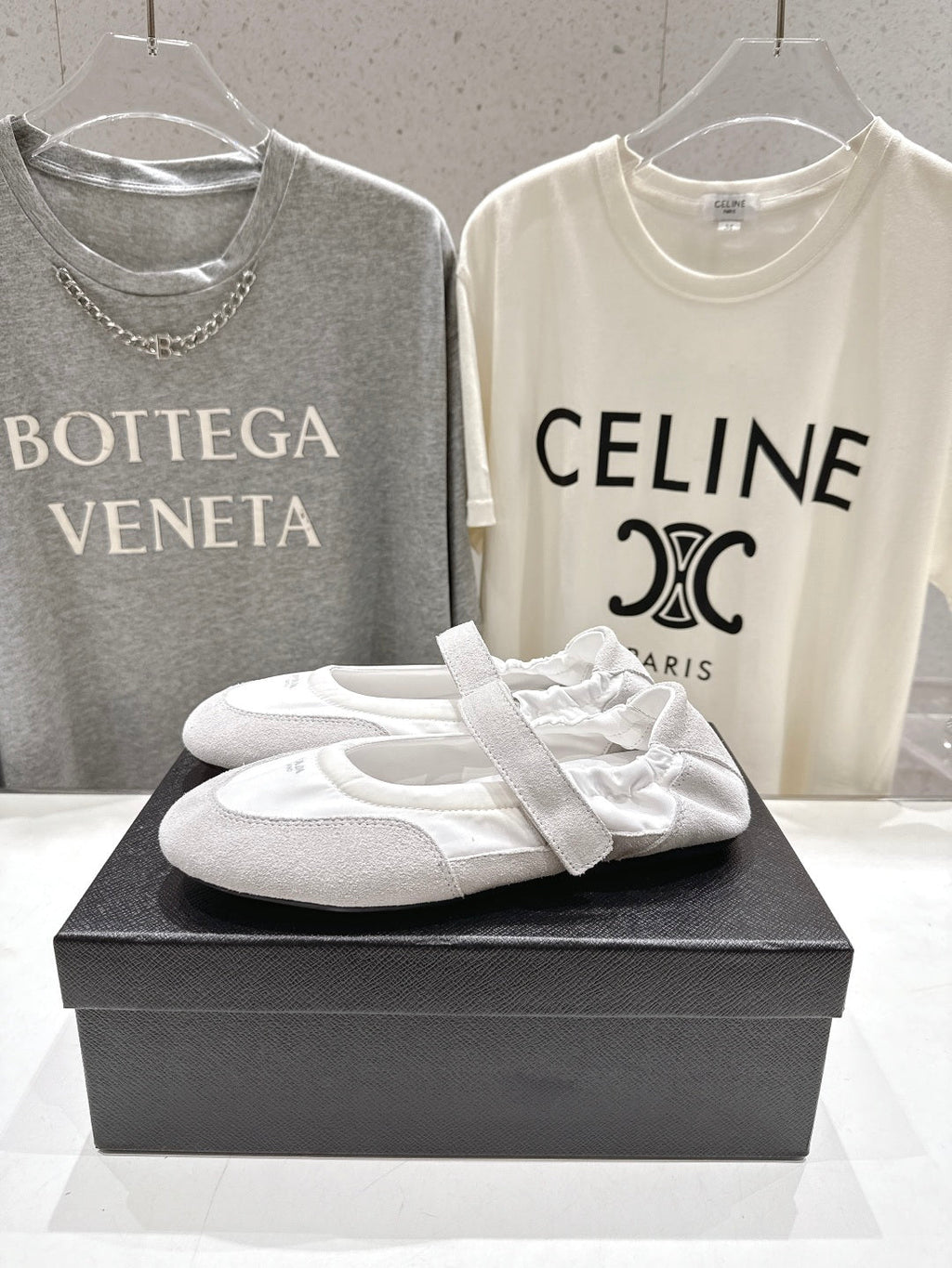 PRADA 25S COLLAPSE RE NYLON AND SUEDE BALLERINAS IN LIGHT GRAY AND CREAM