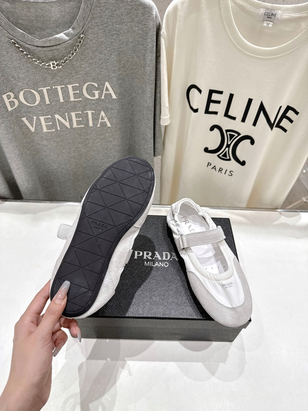 PRADA 25S COLLAPSE RE NYLON AND SUEDE BALLERINAS IN LIGHT GRAY AND CREAM