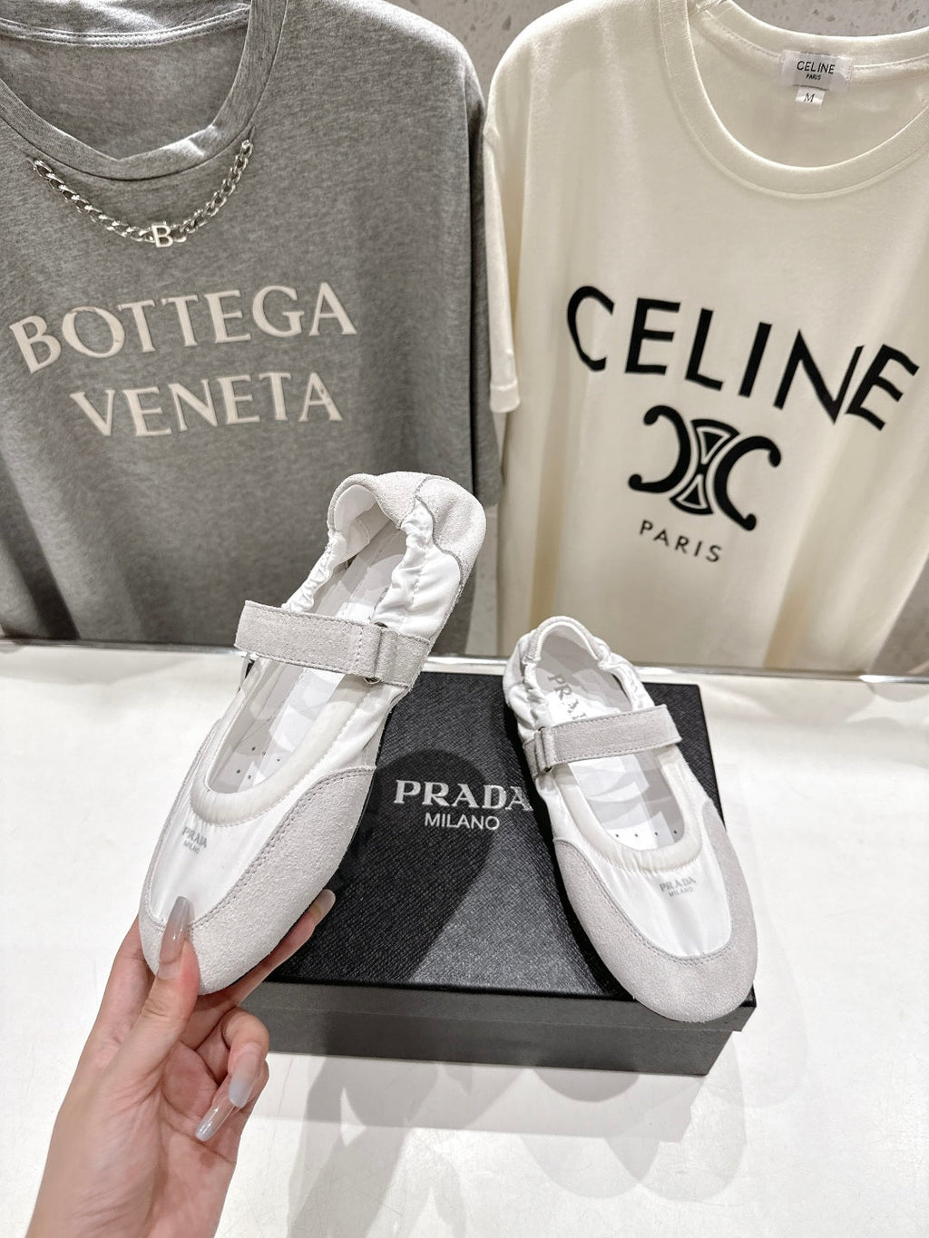 PRADA 25S COLLAPSE RE NYLON AND SUEDE BALLERINAS IN LIGHT GRAY AND CREAM