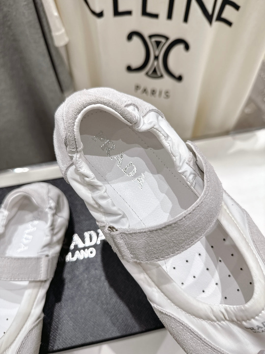 PRADA 25S COLLAPSE RE NYLON AND SUEDE BALLERINAS IN LIGHT GRAY AND CREAM
