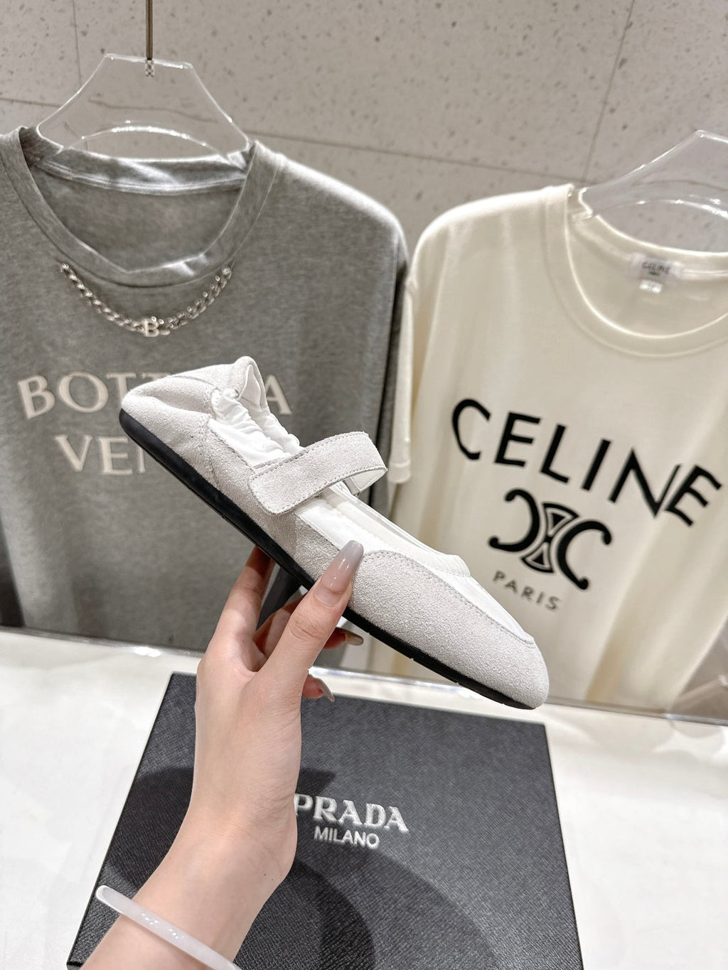 PRADA 25S COLLAPSE RE NYLON AND SUEDE BALLERINAS IN LIGHT GRAY AND CREAM