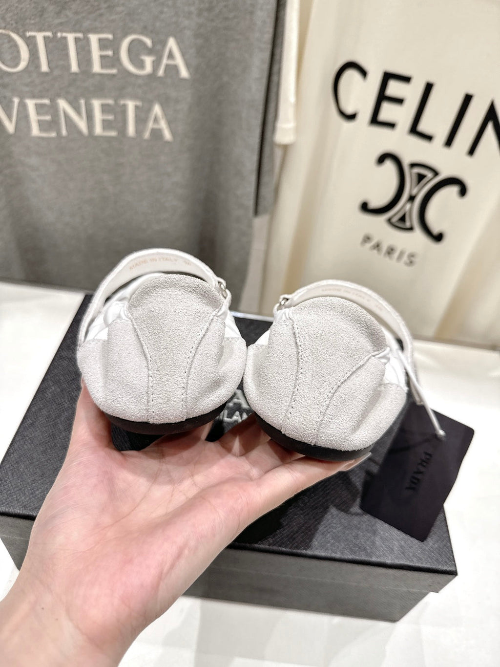 PRADA 25S COLLAPSE RE NYLON AND SUEDE BALLERINAS IN LIGHT GRAY AND CREAM