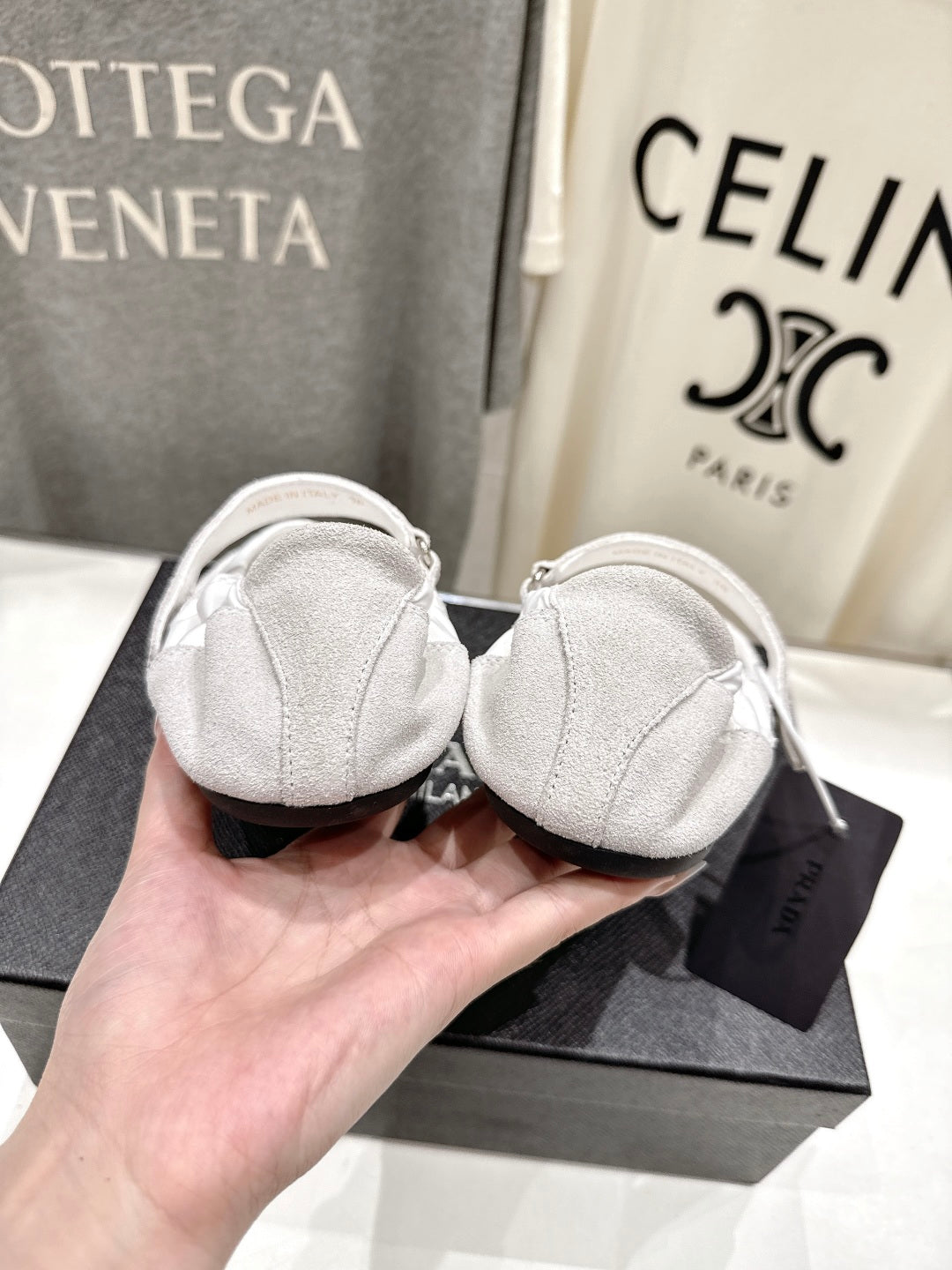 PRADA 25S COLLAPSE RE NYLON AND SUEDE BALLERINAS IN LIGHT GRAY AND CREAM