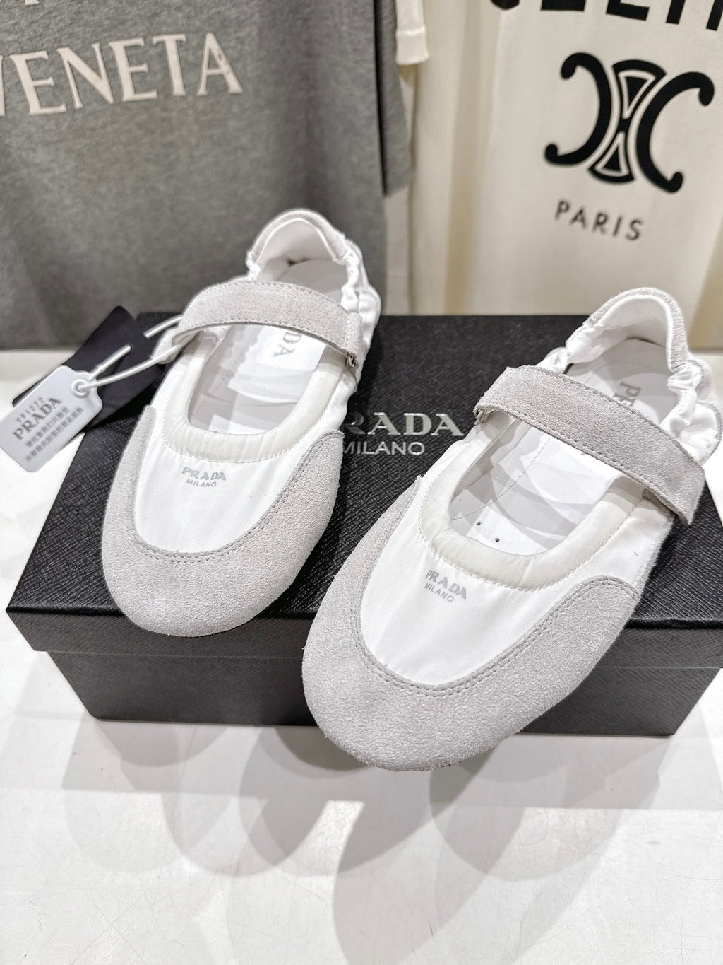 PRADA 25S COLLAPSE RE NYLON AND SUEDE BALLERINAS IN LIGHT GRAY AND CREAM