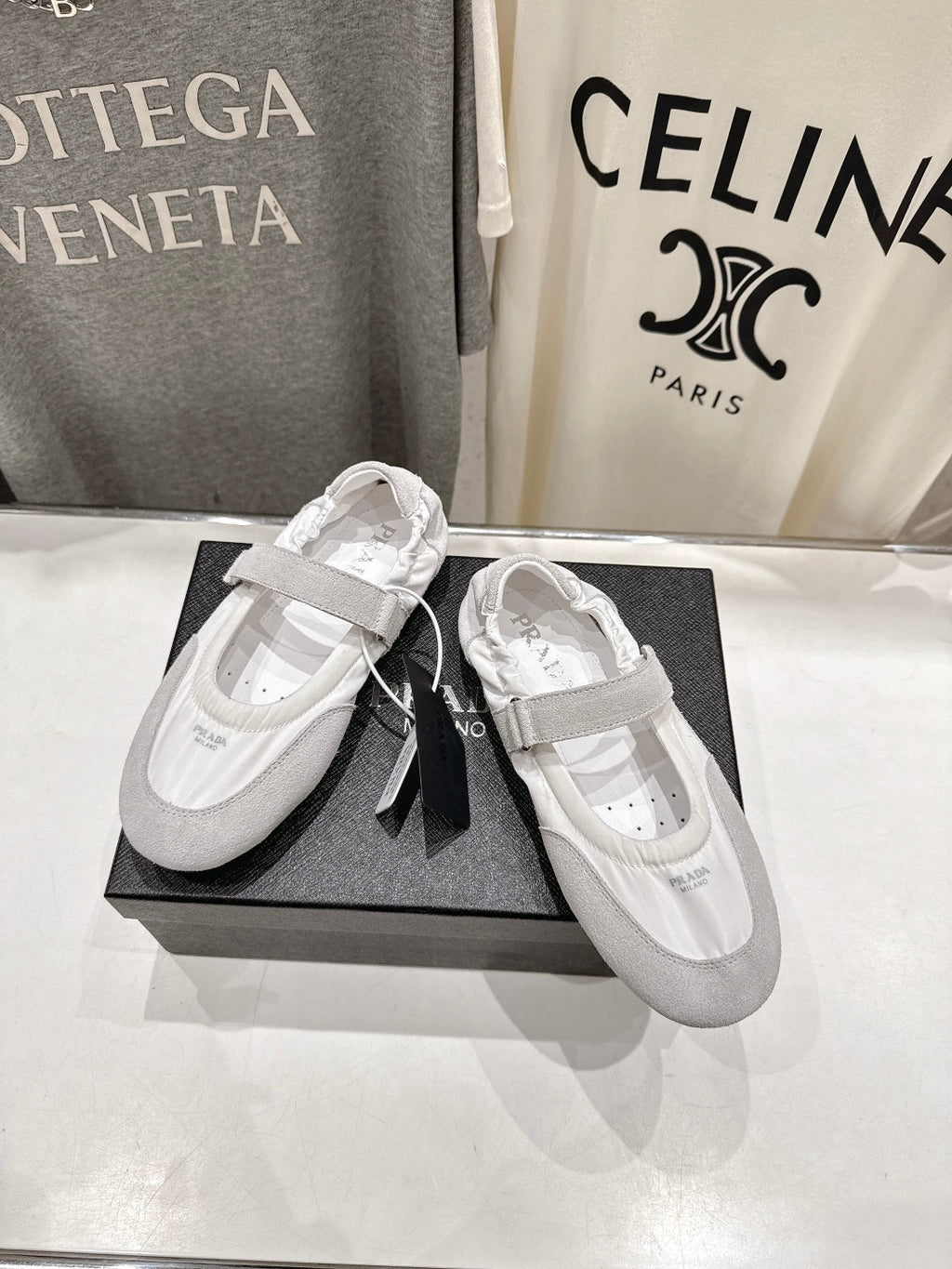 PRADA 25S COLLAPSE RE NYLON AND SUEDE BALLERINAS IN LIGHT GRAY AND CREAM