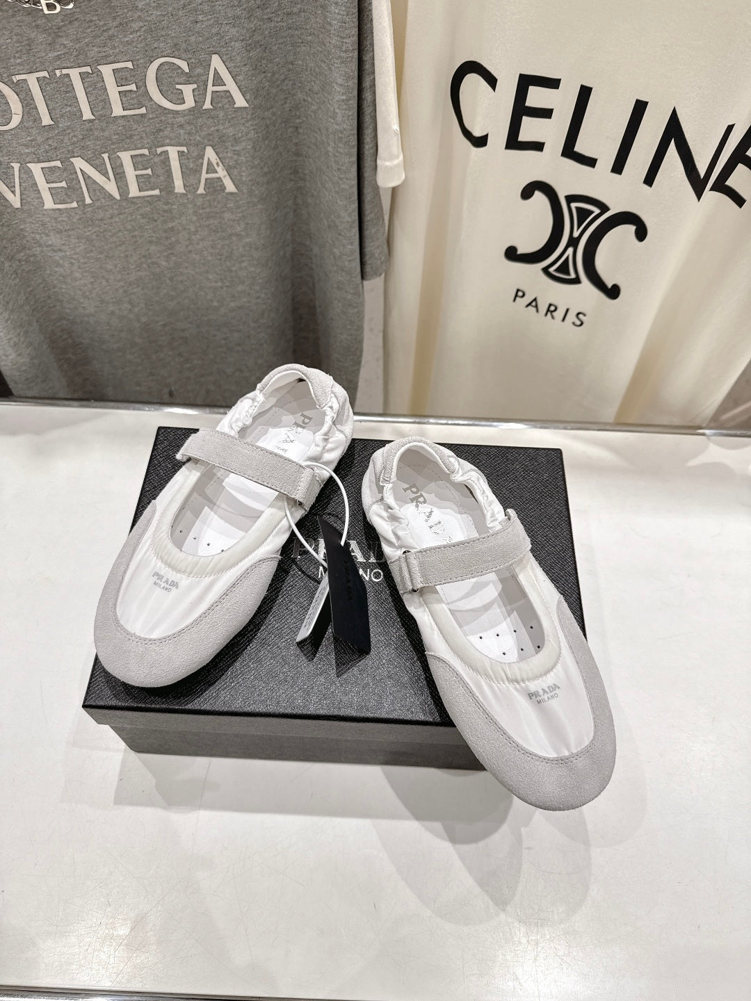 PRADA 25S COLLAPSE RE NYLON AND SUEDE BALLERINAS IN LIGHT GRAY AND CREAM