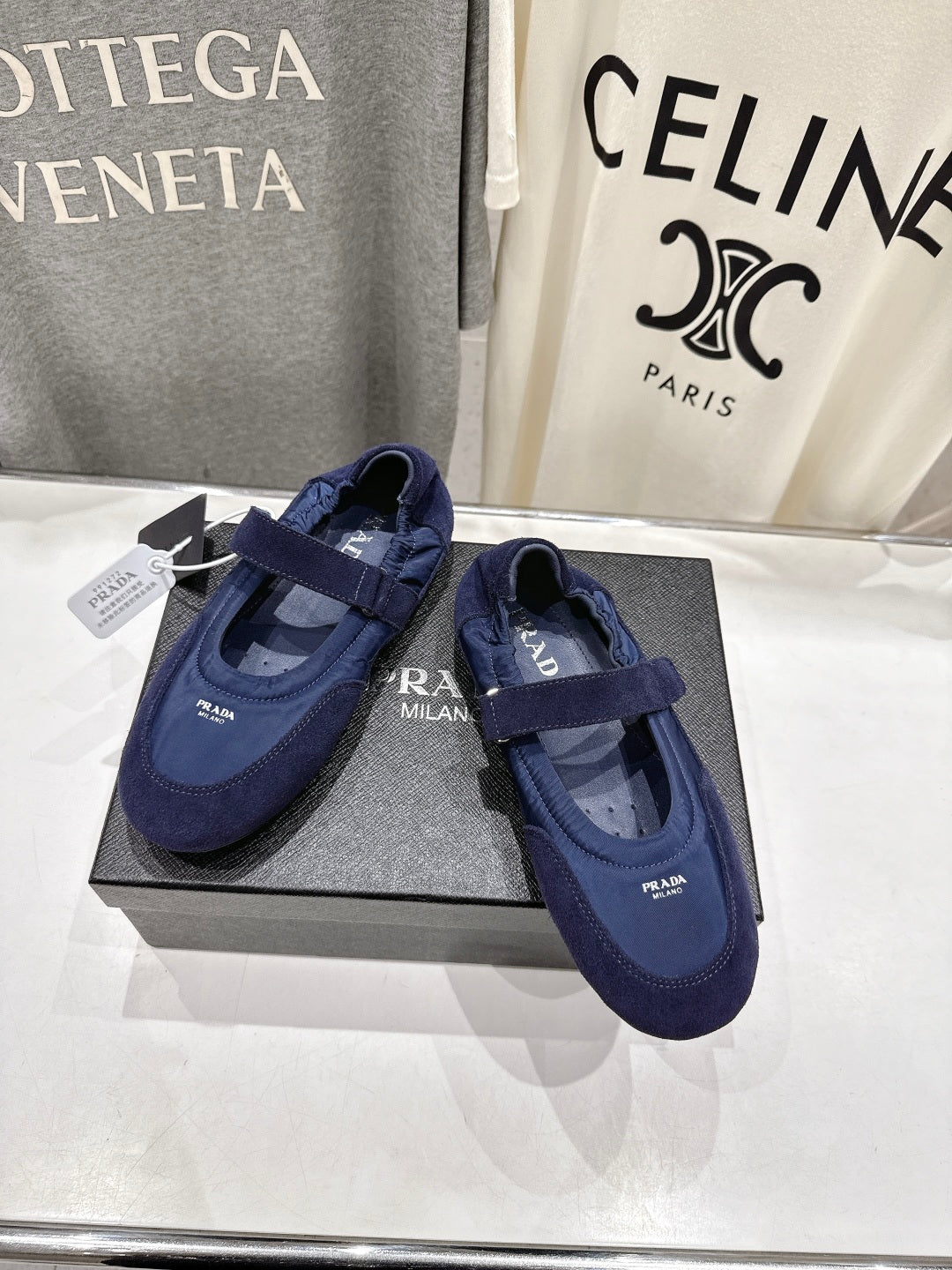 PRADA 25S COLLAPSE RE NYLON AND SUEDE BALLERINAS IN DARK BLUE