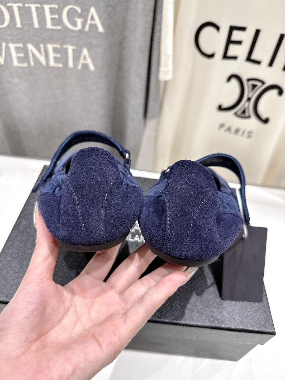 PRADA 25S COLLAPSE RE NYLON AND SUEDE BALLERINAS IN DARK BLUE