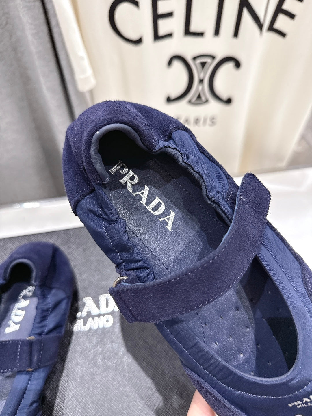 PRADA 25S COLLAPSE RE NYLON AND SUEDE BALLERINAS IN DARK BLUE