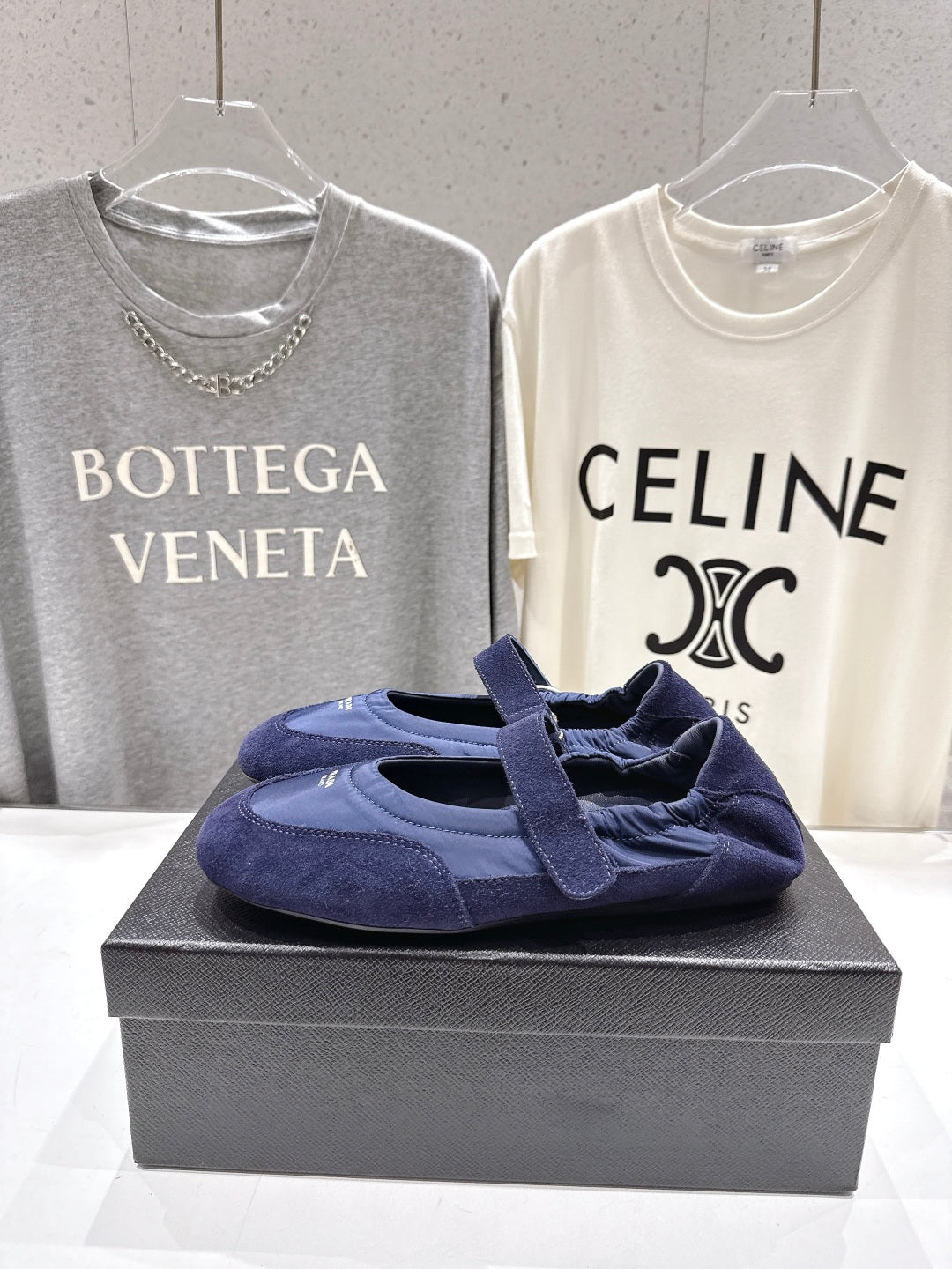 PRADA 25S COLLAPSE RE NYLON AND SUEDE BALLERINAS IN DARK BLUE