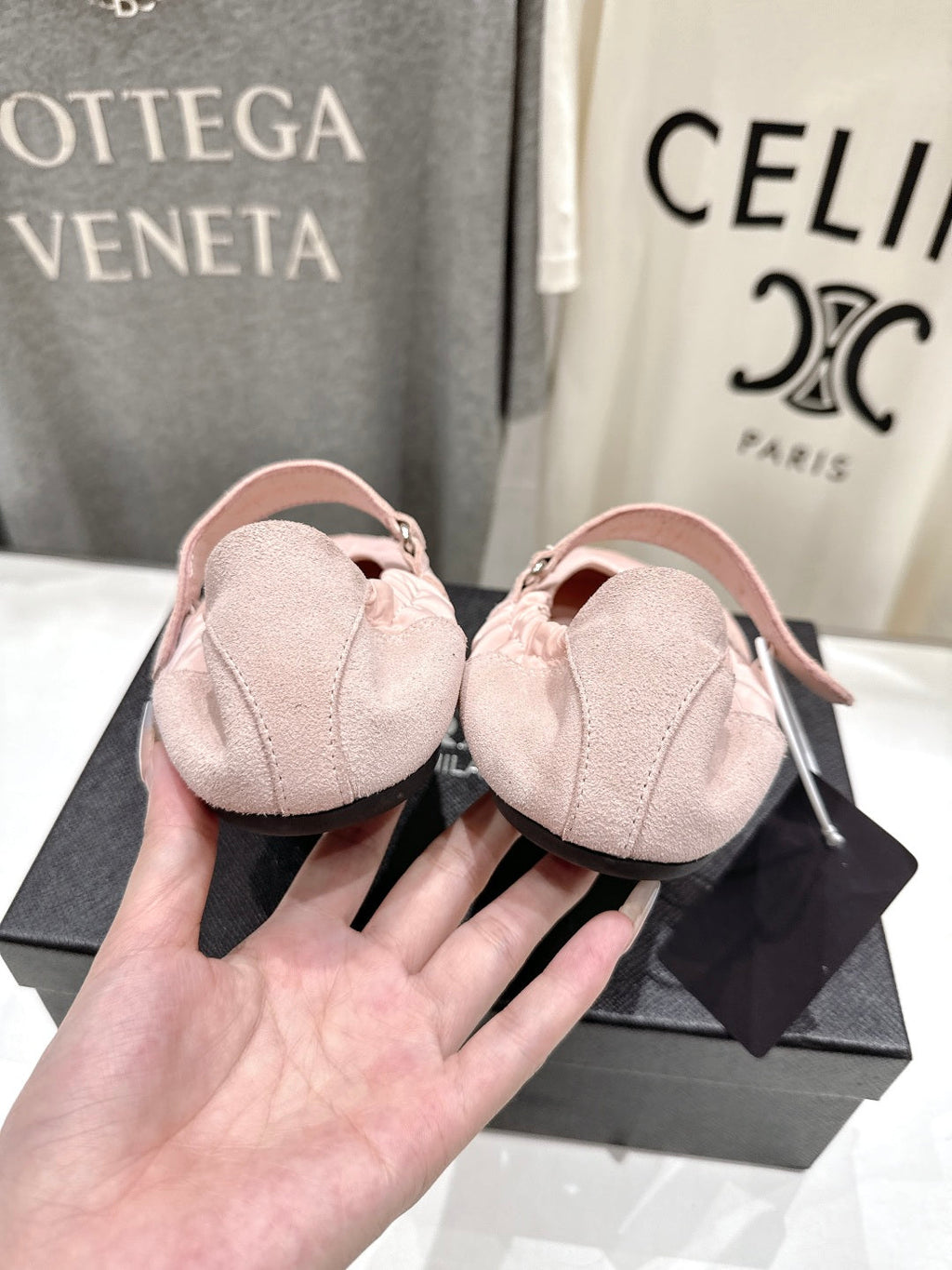 PRADA 25S COLLAPSE RE NYLON AND SUEDE BALLERINAS IN BABY PINK