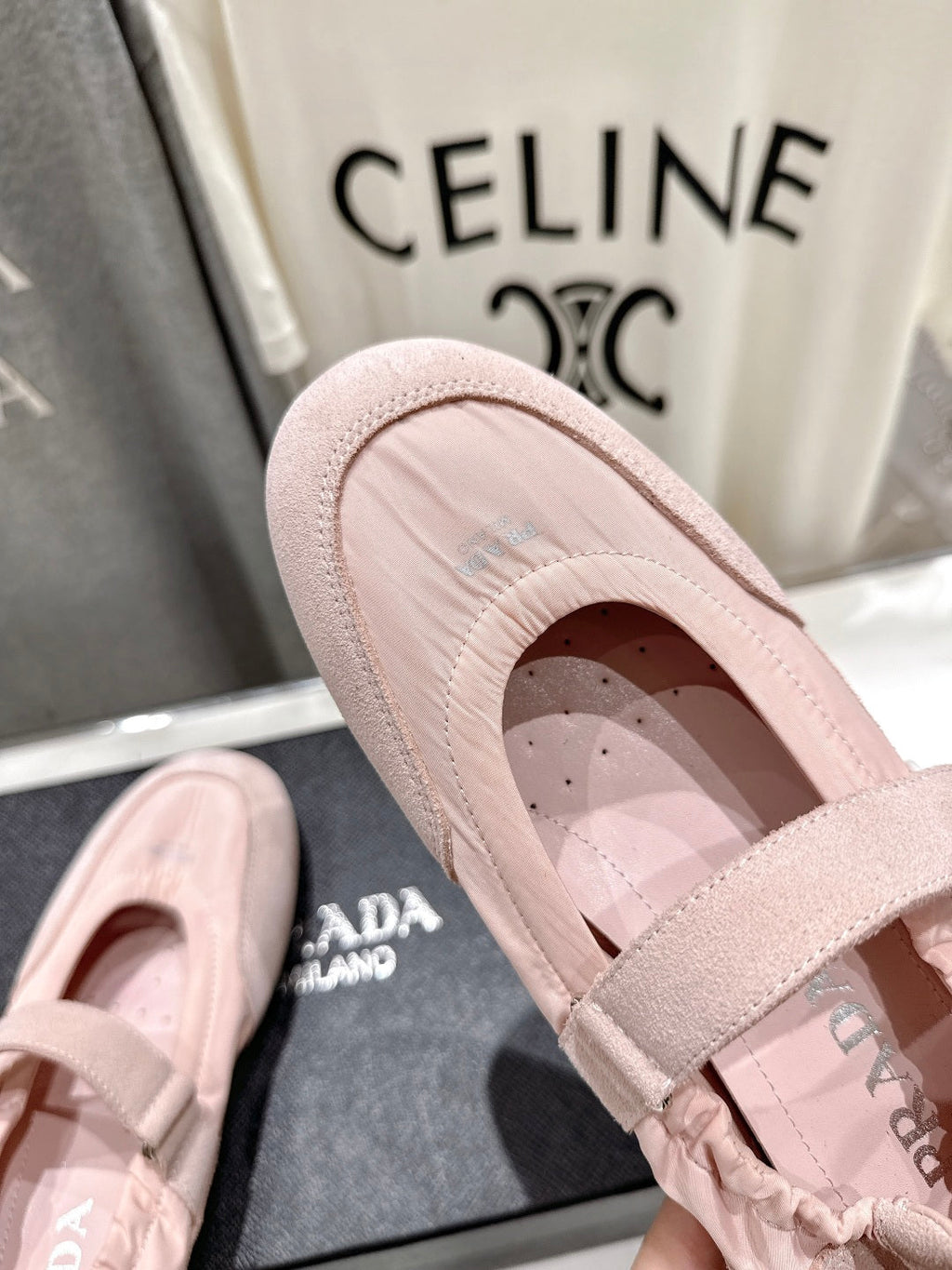 PRADA 25S COLLAPSE RE NYLON AND SUEDE BALLERINAS IN BABY PINK