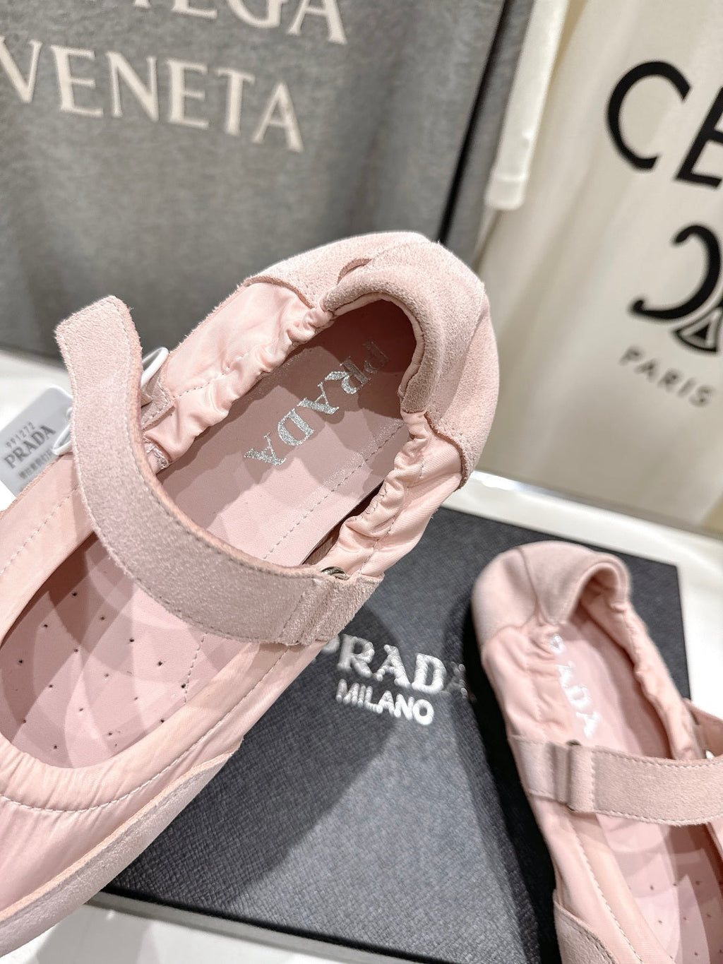 PRADA 25S COLLAPSE RE NYLON AND SUEDE BALLERINAS IN BABY PINK