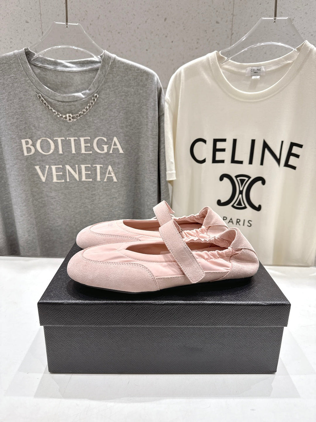 PRADA 25S COLLAPSE RE NYLON AND SUEDE BALLERINAS IN BABY PINK