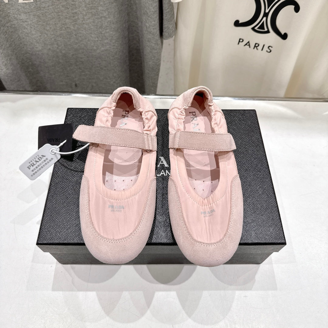 PRADA 25S COLLAPSE RE NYLON AND SUEDE BALLERINAS IN BABY PINK
