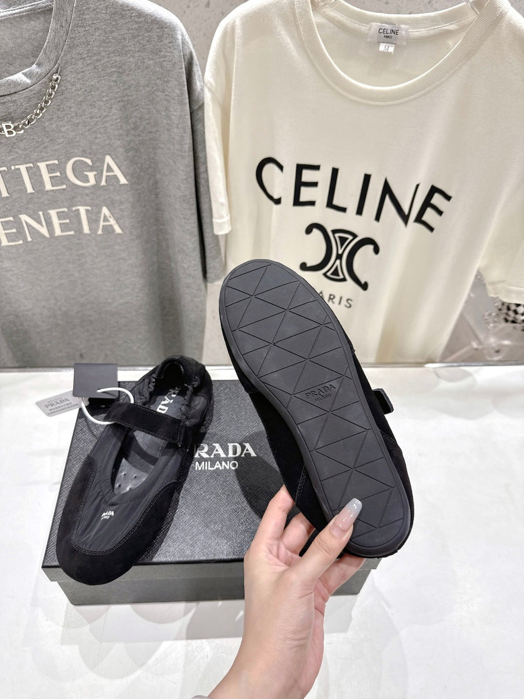 PRADA 25S COLLAPSE RE NYLON AND SUEDE BALLERINAS IN BLACK