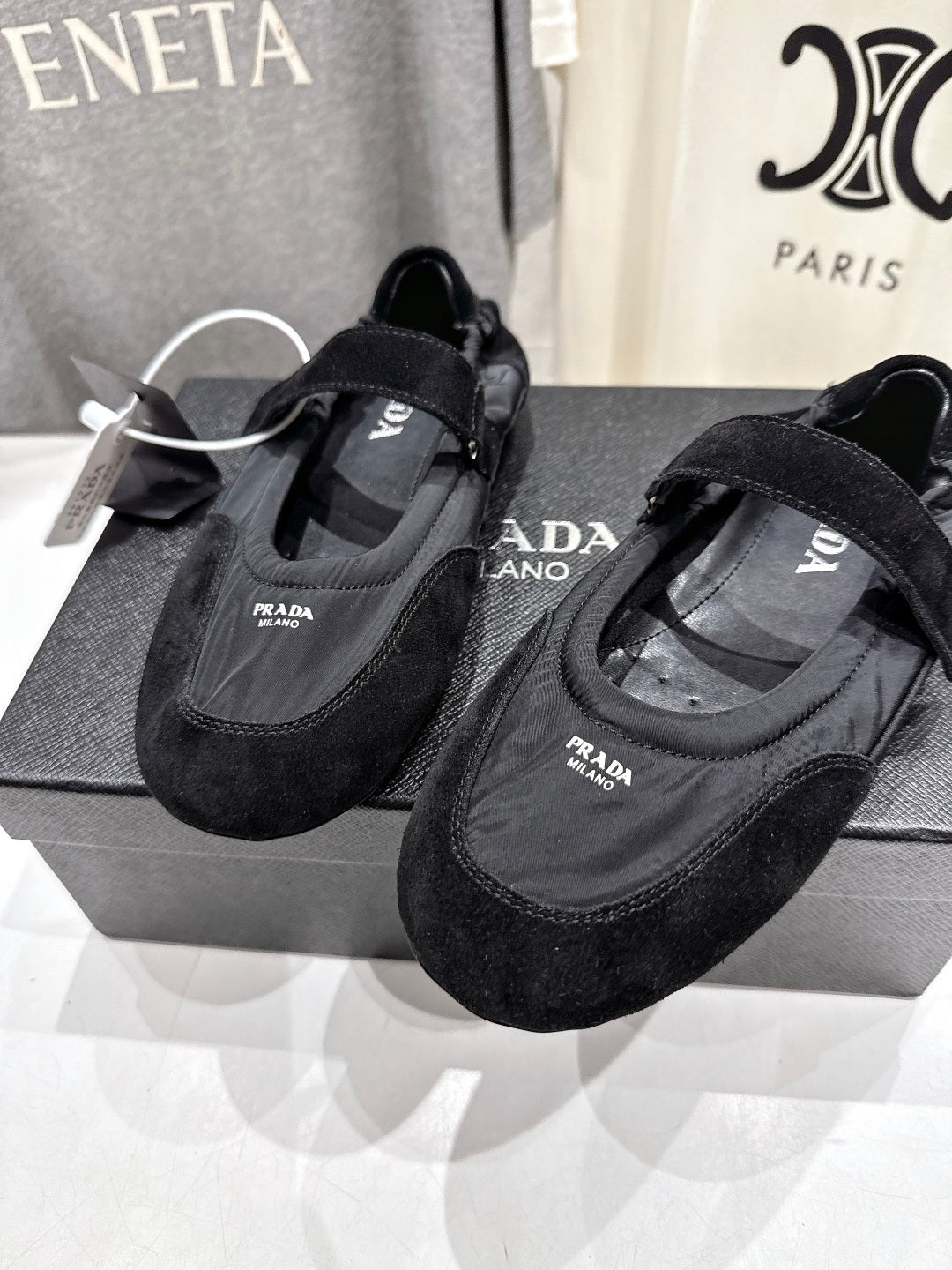 PRADA 25S COLLAPSE RE NYLON AND SUEDE BALLERINAS IN BLACK