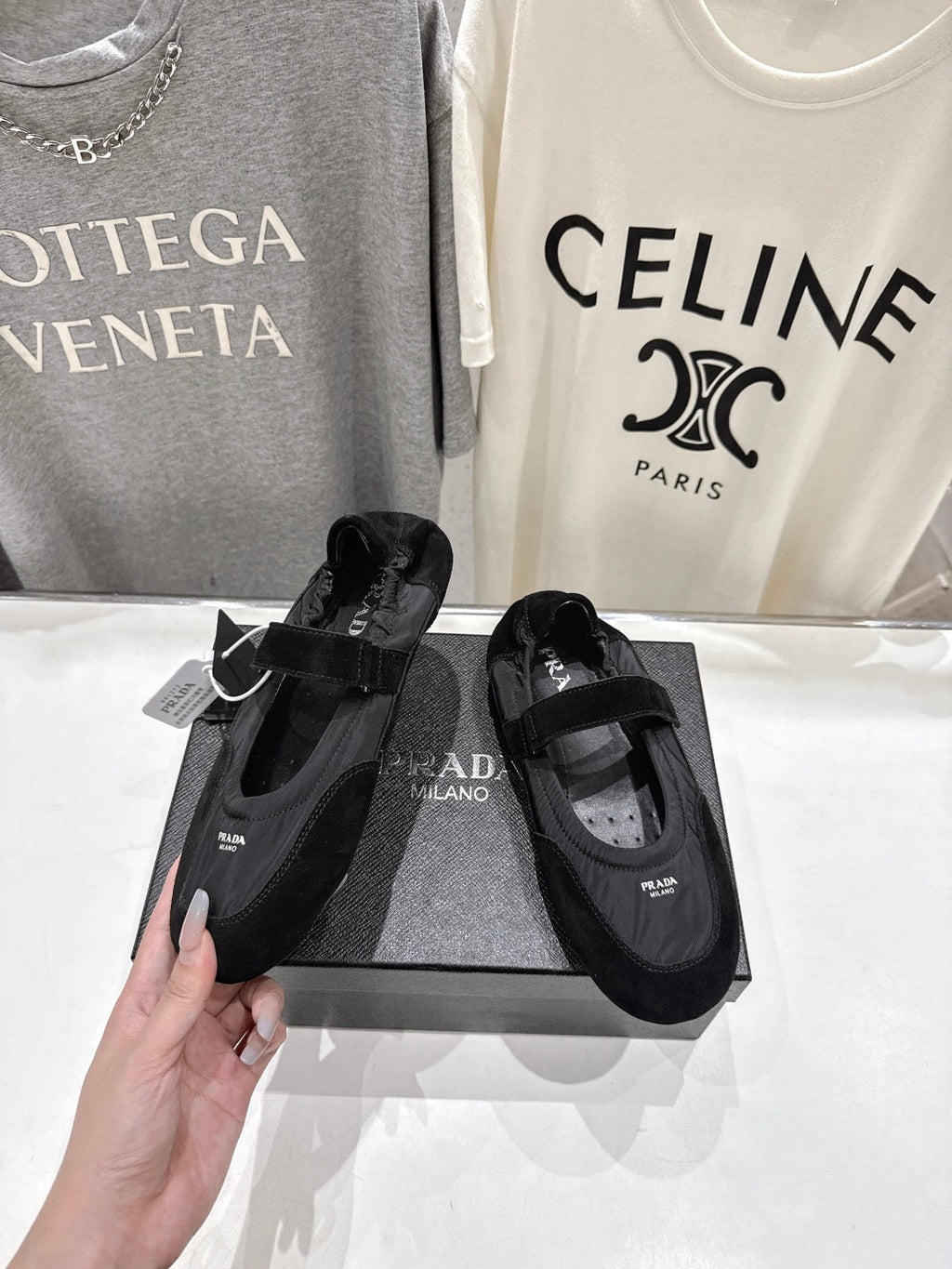 PRADA 25S COLLAPSE RE NYLON AND SUEDE BALLERINAS IN BLACK