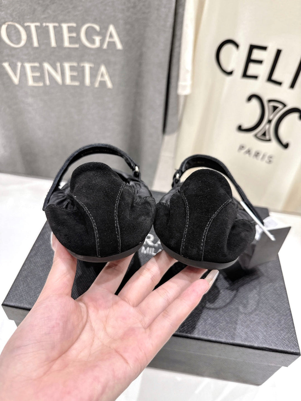 PRADA 25S COLLAPSE RE NYLON AND SUEDE BALLERINAS IN BLACK