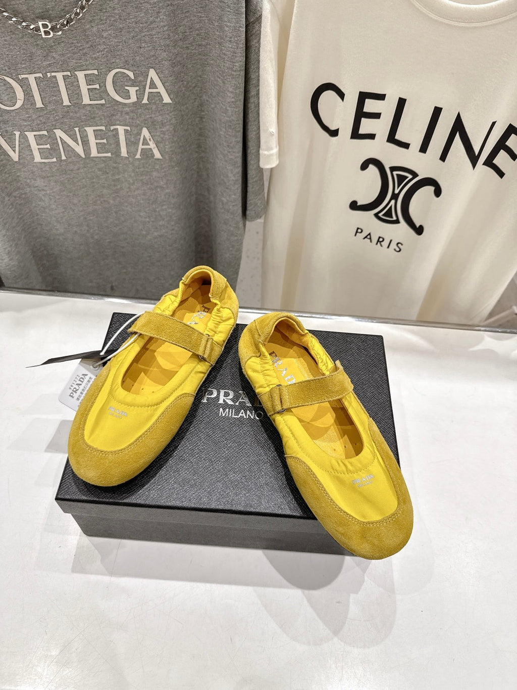 PRADA 25S COLLAPSE RE NYLON AND SUEDE BALLERINAS IN LEMON YELLOW