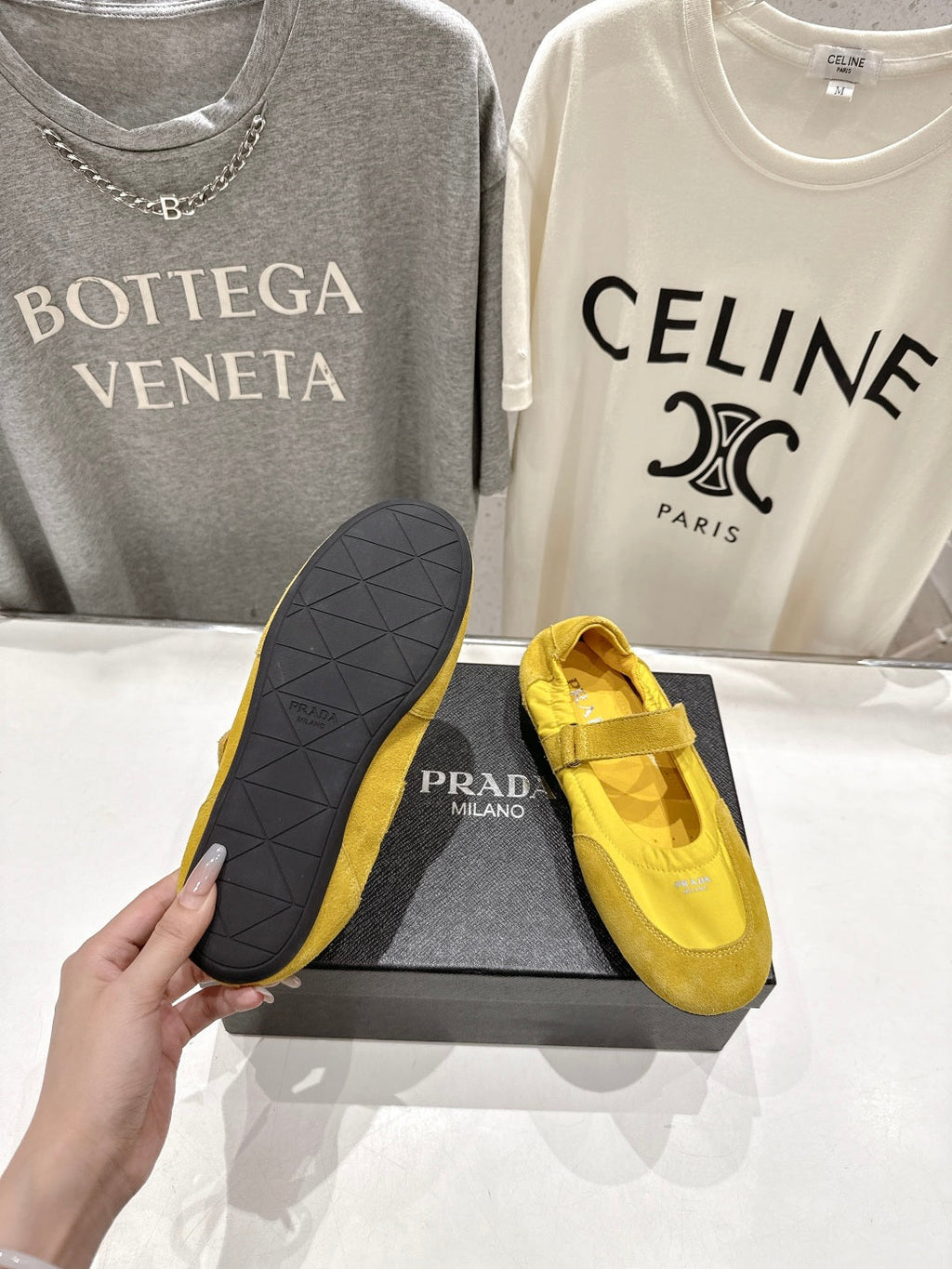 PRADA 25S COLLAPSE RE NYLON AND SUEDE BALLERINAS IN LEMON YELLOW