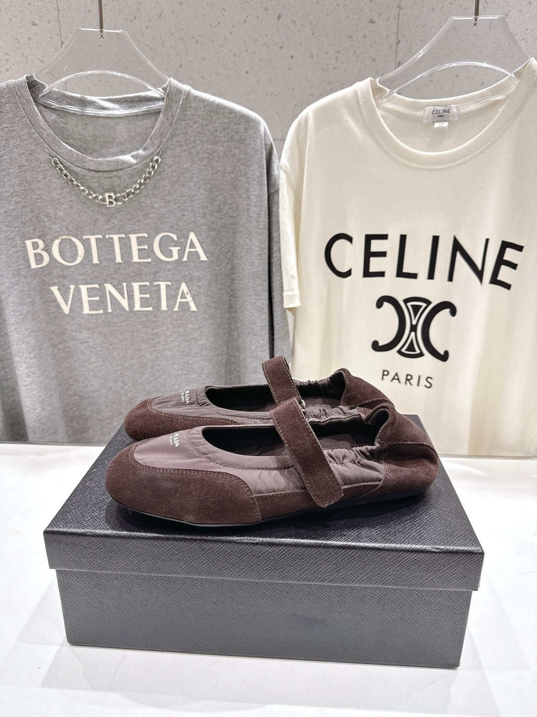 PRADA 25S COLLAPSE RE NYLON AND SUEDE BALLERINAS IN COFFEE