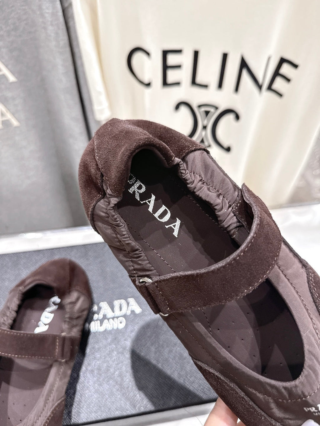 PRADA 25S COLLAPSE RE NYLON AND SUEDE BALLERINAS IN COFFEE